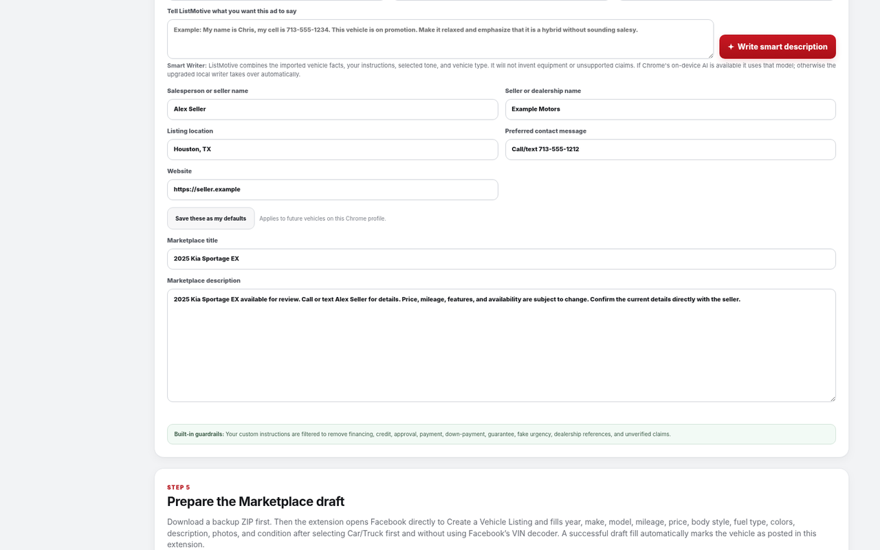 ListMotive AI description and Marketplace preparation workflow
